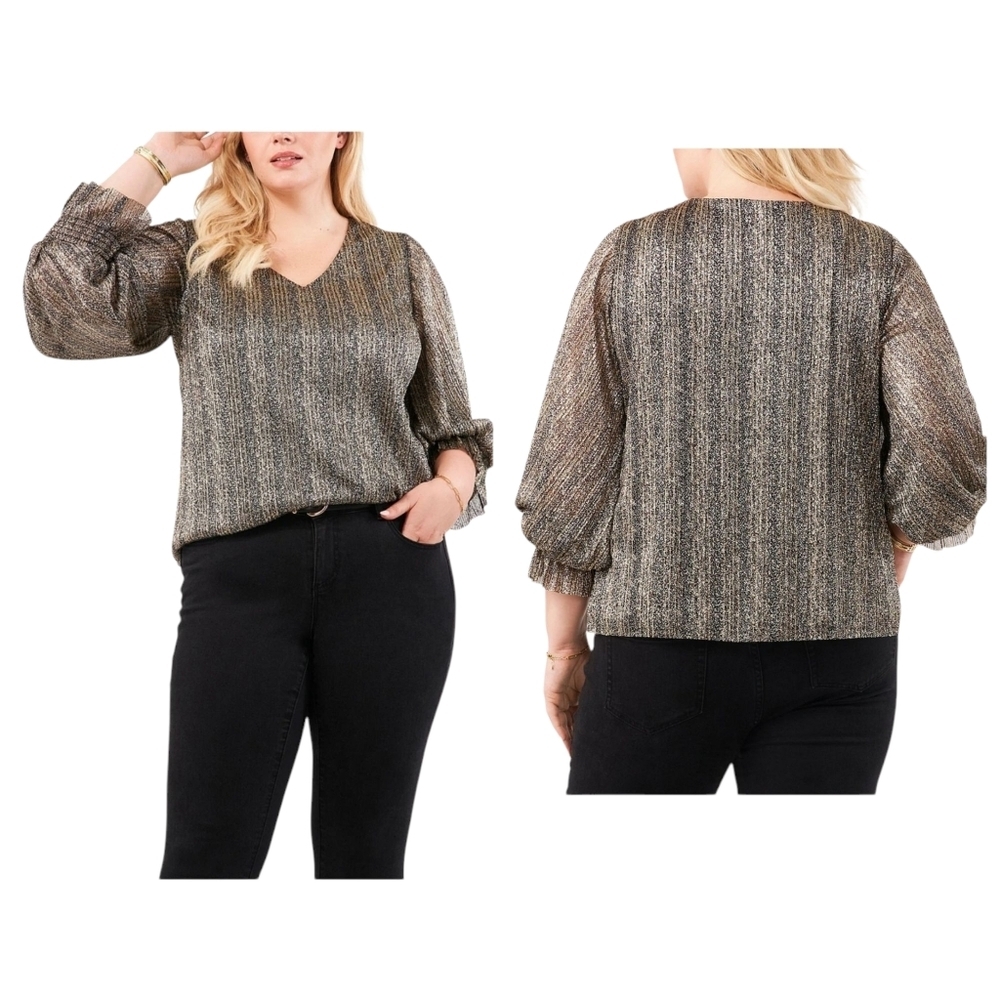 Vince Camuto V-Neck 3/4 Sleeve Blouse Size XL Black Gold NWT - Picture 2 of 11